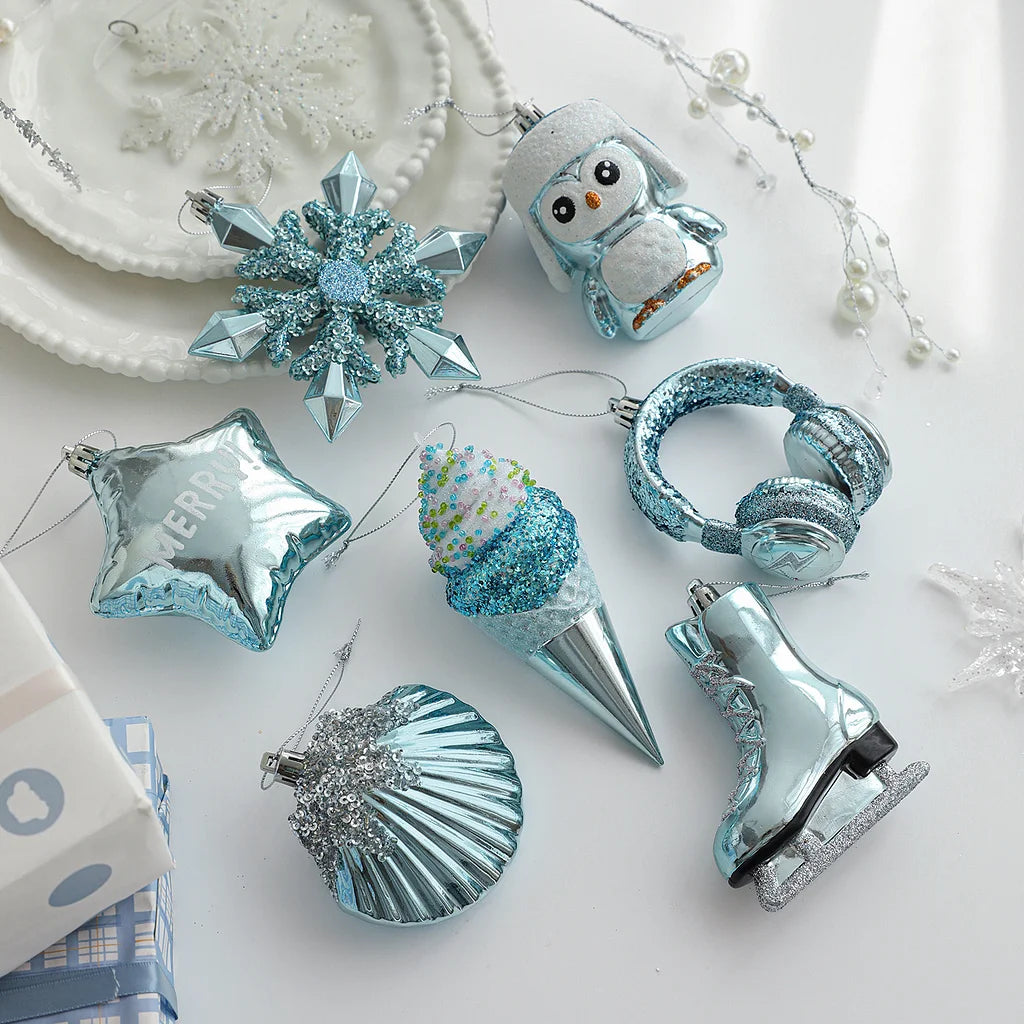 Blue Plastic Hanging Ornaments Sticky Powder Christmas Tree Window Display Decorations Five-pointed Star Snowflake Cartoon Decoration Scene Arrangement