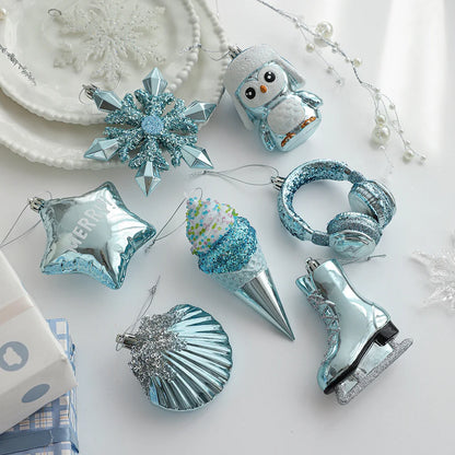 Blue Plastic Hanging Ornaments Sticky Powder Christmas Tree Window Display Decorations Five-pointed Star Snowflake Cartoon Decoration Scene Arrangement