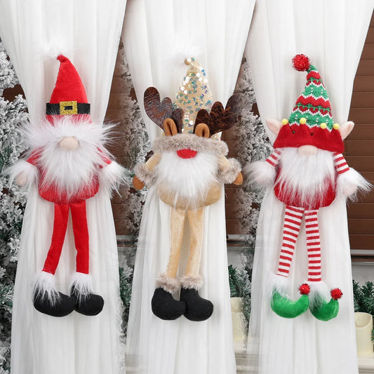 2 Pieces Christmas Curtain Buckle Long Hat Style Cartoon Old Man Elk Elf Holding Curtain Christmas Celebration Supplies