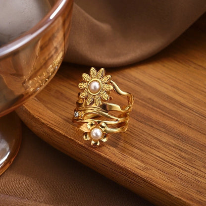 IG Style Elegant Classical Flower Chrysanthemum 304 Stainless Steel Imitation Pearl Opal Open Rings
