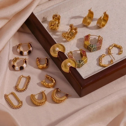 1 Pair Vintage Style Classic Style U Shape Semicircle Stripe Enamel Plating Inlay 304 Stainless Steel Rhinestones 18K Gold Plated Earrings