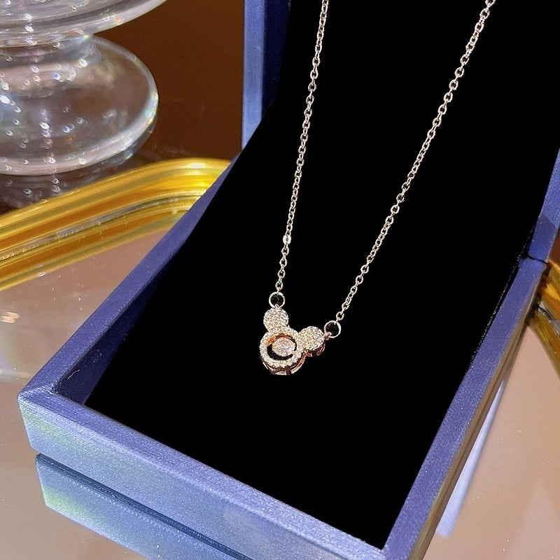 Elegant Classic Style Geometric Moon Bow Knot Titanium Steel Zircon Pendant Necklace
