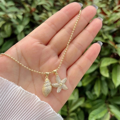 Copper Ball Chain 18K Gold Plated Inlay Scallop Conch Zircon Pendant Necklace