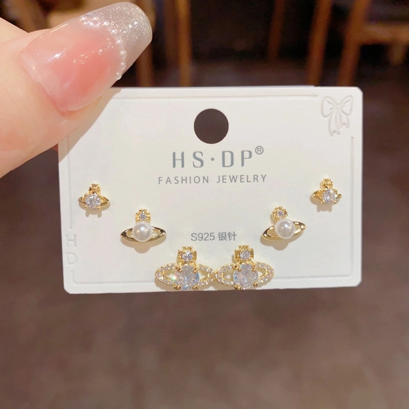 Fashion Geometric Copper Plating Artificial Pearls Zircon Earrings 3 Pairs