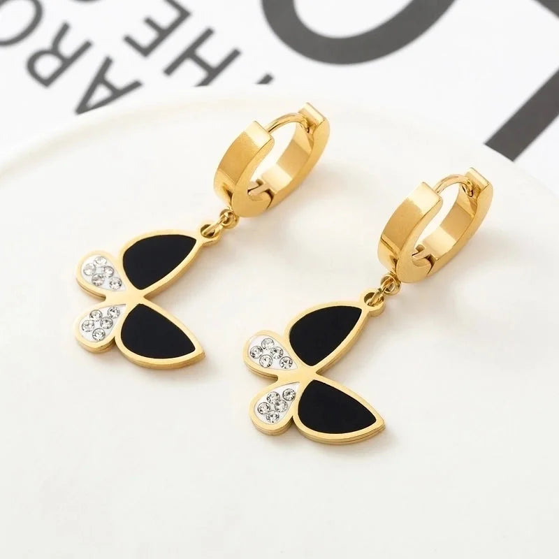 1 Pair Fashion Butterfly Polishing Plating Inlay Titanium Steel Shell Zircon Drop Earrings