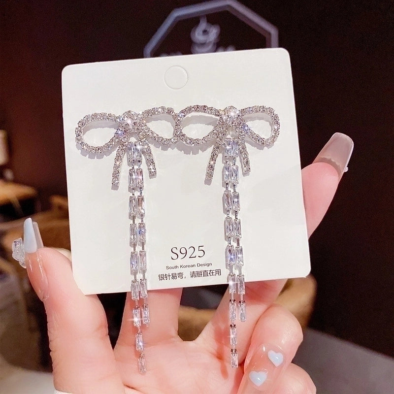 Fashion Heart Shape Bow Knot Copper Inlay Zircon Drop Earrings 1 Pair