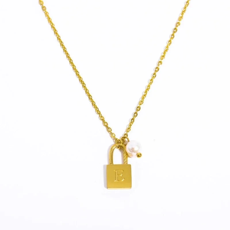 201 Stainless Steel 304 Stainless Steel Glass Gold Plated Casual Minimalist Pearl Plating Letter Lock Pendant Necklace