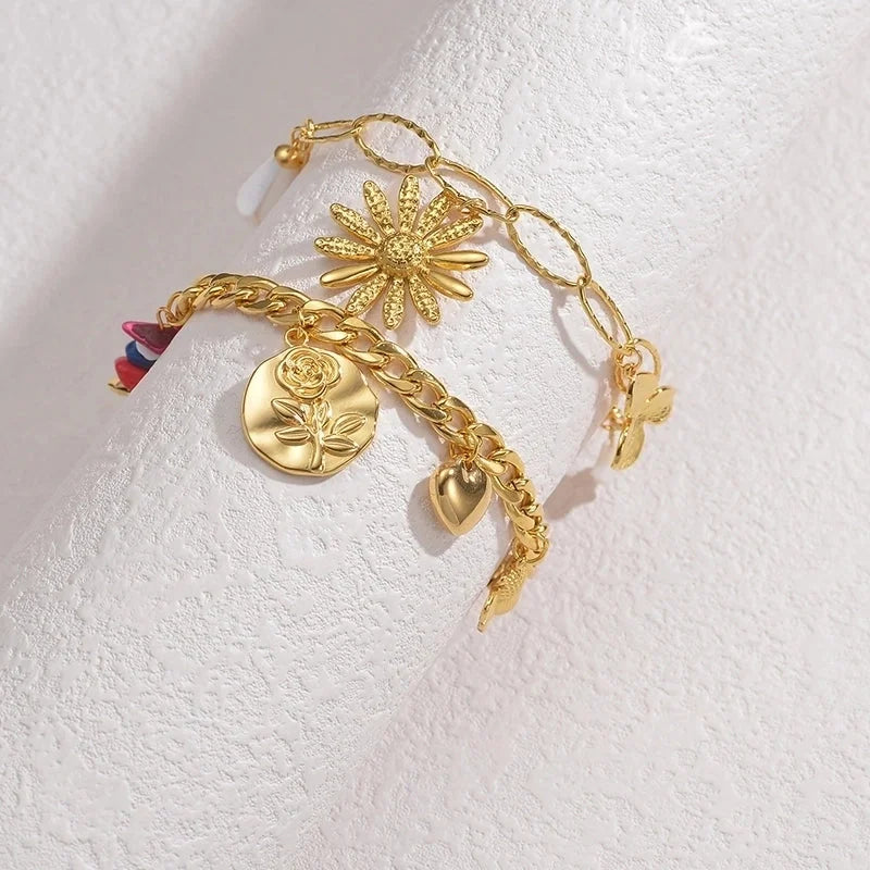 Sweet Minimalist Heart Shape Flower Butterfly 304 Stainless Steel 18K Gold Plated Figaro Chain Multi Charms Bracelet Bracelets In Bulk