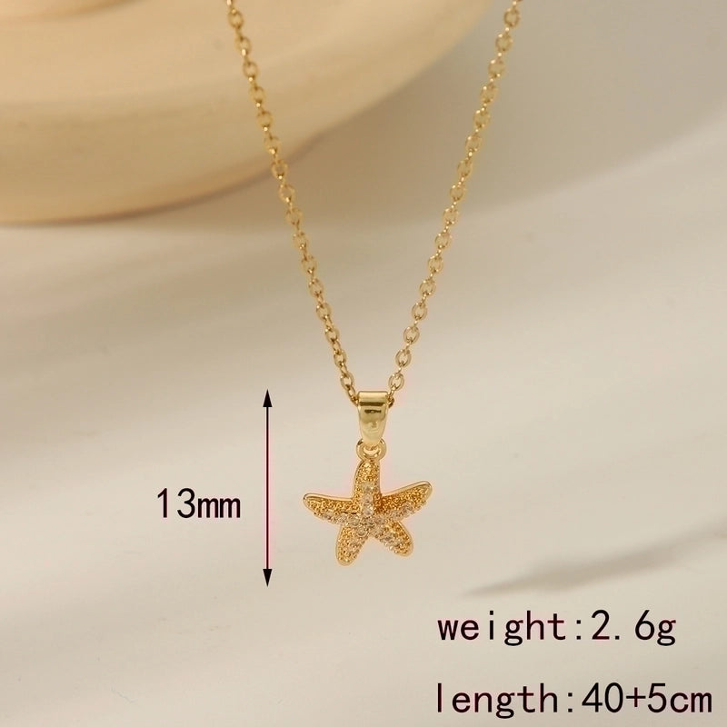 304 Stainless Steel Copper 18K Gold Plated Beach Minimalist Inlay Starfish Shell Fish Tail Artificial Pearls Zircon Pendant Necklace