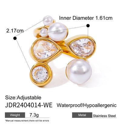 Exaggerated Geometric 304 Stainless Steel Pearl Zircon Gold Plated Plating Inlay Open Rings