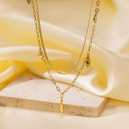 Minimalist Geometric Heart Shape Titanium Steel Shell Zircon 18K Gold Plated Inlay Layered Necklaces Necklace