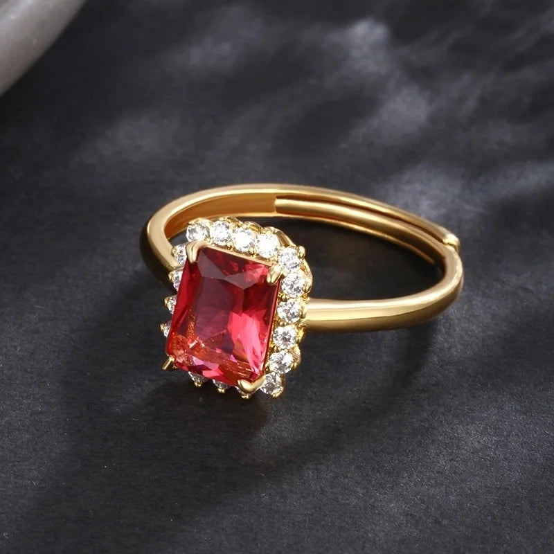 6 Pieces Elegant XUPING Square Copper Artificial Gemstones 18K Gold Plated Inlay Open Rings