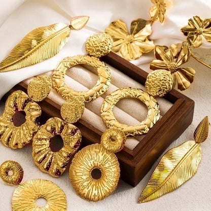 1 Pair Cool Style Round Leaves Flower Pleated 304 Stainless Steel 18K Gold Plated Stainless Steel Earrings