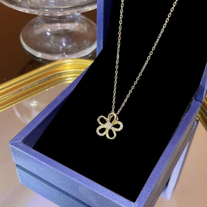 Elegant Classic Style Geometric Moon Bow Knot Titanium Steel Zircon Pendant Necklace