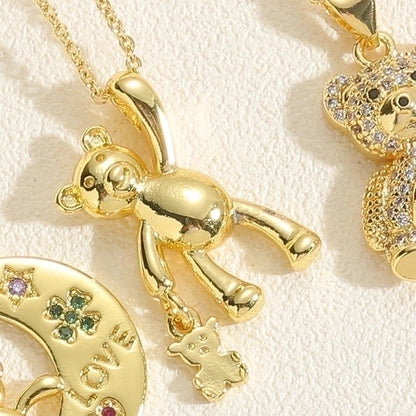 Minimalist Little Bear Copper Plating Inlay Zircon 14k Gold Plated Pendant Necklace