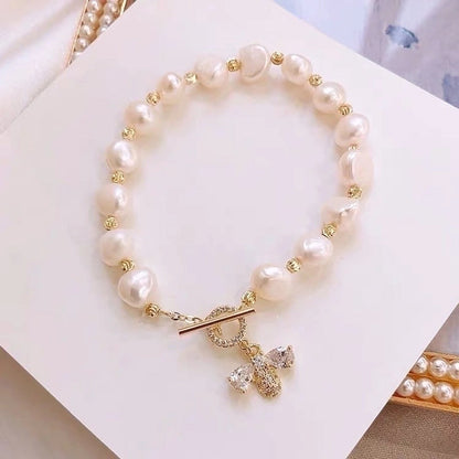 Elegant Round Rhinestones Imitation Pearl Alloy Freshwater Pearl Bracelets