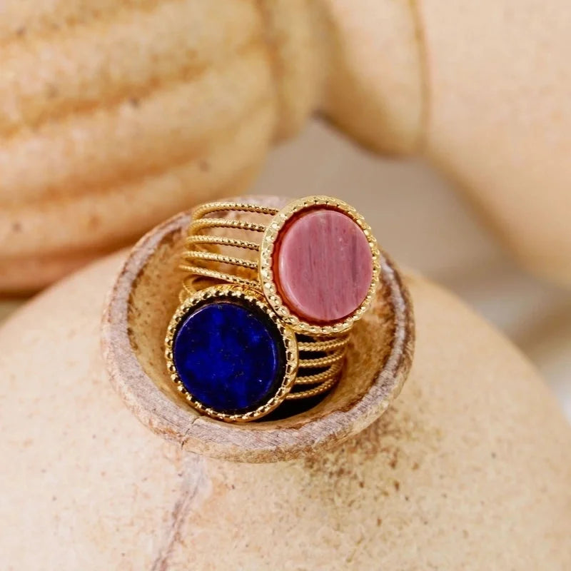 Retro French Style Geometric Titanium Steel Natural Stone Open Rings In Bulk