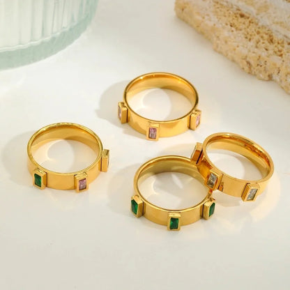 IG Style Basic Commute Solid Color 304 Stainless Steel Zircon 18K Gold Plated Plating Inlay Rings