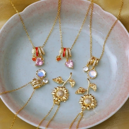 Sweet Commute Sunflower Heart Shape 304 Stainless Steel Zircon 16K Gold Plated 18K Gold Plated Stainless Steel Necklaces