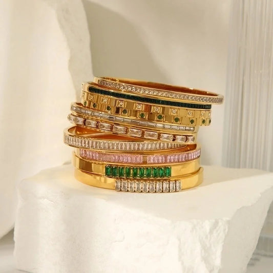 Minimalist Shiny Solid Color 316L Stainless Steel 18K Gold Plated Zircon Bangle In Bulk