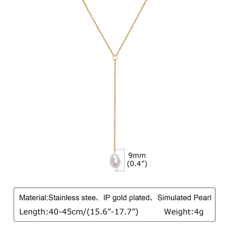 Minimalist Classic Style Solid Color 201 Stainless Steel Artificial Pearls Zircon 18K Gold Plated Layered Long Necklace