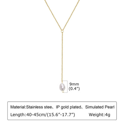 Minimalist Classic Style Solid Color 201 Stainless Steel Artificial Pearls Zircon 18K Gold Plated Layered Long Necklace