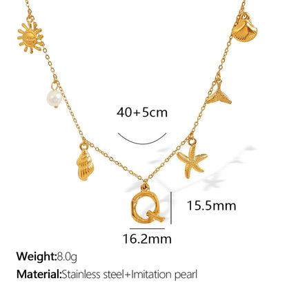 Beach Starfish 304 Stainless Steel Artificial Pearls 18K Gold Plated Polishing Inlay Pendant Necklace