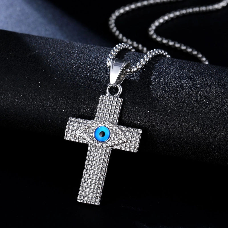 European And American Cross-Border Popular Hip Hop Hiphop Jewelry Titanium Steel Gold-Plated Diamond-Embedded Evil Eye Cross Pendant Necklace
