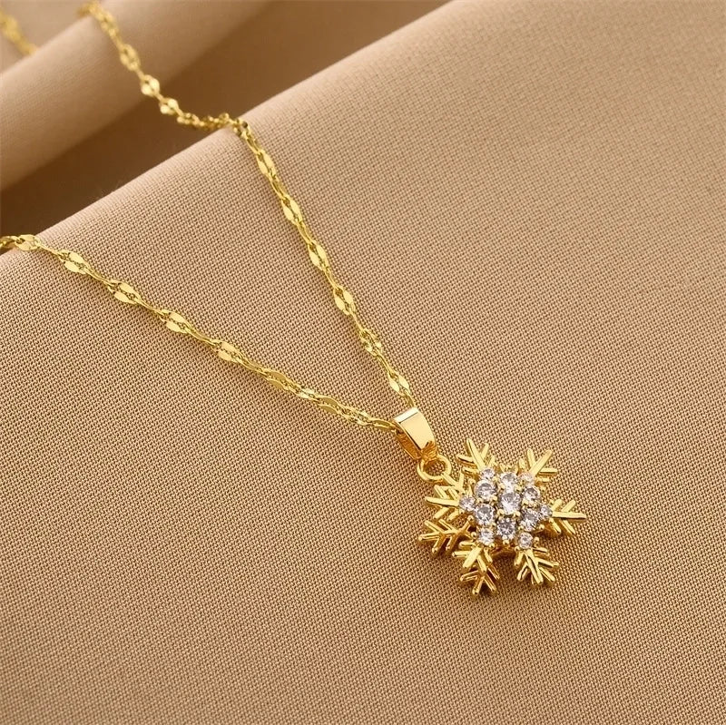 Elegant Snowflake Titanium Steel Inlay Zircon Pendant Necklace 1 Piece