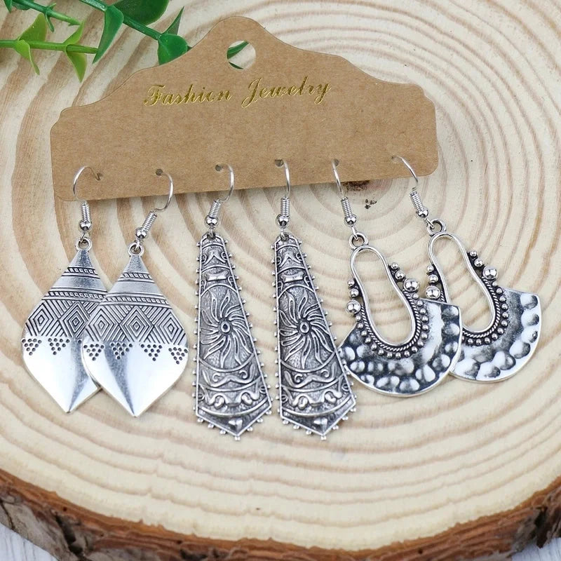 Hot 3-piece Vintage Red Earrings Set Geometric Turquoise Tassel Bohemian Minority Earrings