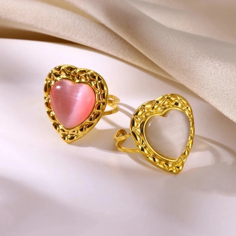 Elegant French Style Sweet Heart Shape 304 Stainless Steel Synthetic Gemstones Open Rings