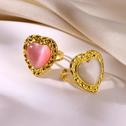 Elegant French Style Sweet Heart Shape 304 Stainless Steel Synthetic Gemstones Open Rings