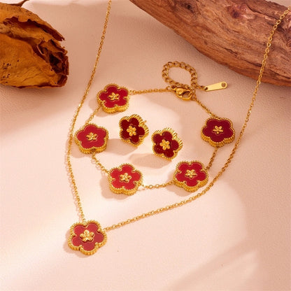 Sweet Minimalist Flower Titanium Steel Artificial Gemstones Turquoise Shell Inlay Jewelry Set