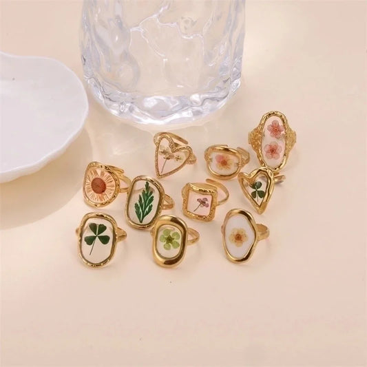 Cute Pastoral Oval Flower 304 Stainless Steel 18K Gold Plated Plating Open Rings