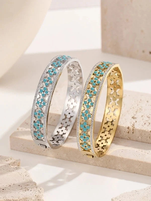 Handmade Minimalist Paisley Geometric Titanium Steel 18K Gold Plated Turquoise Bangle In Bulk
