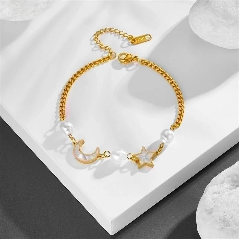 Stainless Steel 18K Gold Plated Casual Minimalist Pearl Inlay Star Moon Shell Bracelets Earrings Necklace