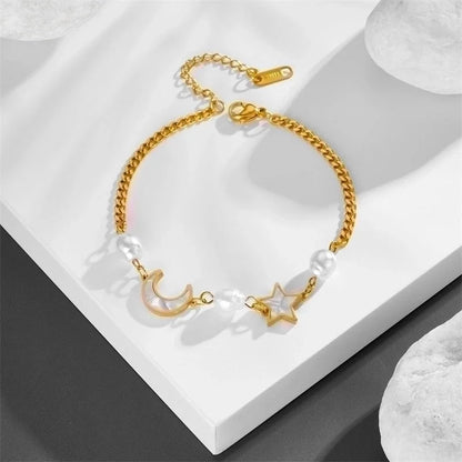 Stainless Steel 18K Gold Plated Casual Minimalist Pearl Inlay Star Moon Shell Bracelets Earrings Necklace