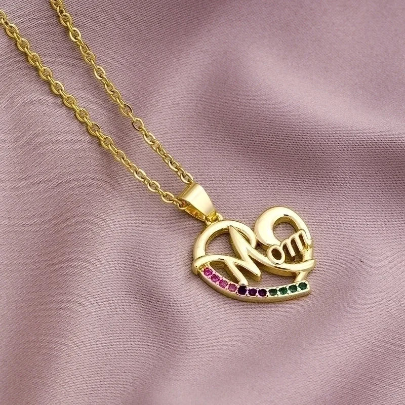 304 Stainless Steel Copper MAMA Plating Letter Zircon Pendant Necklace