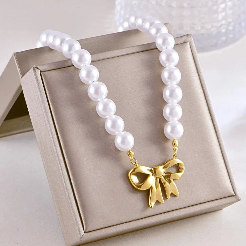 Sweet Minimalist Heart Shape Bow Knot Pearl Zircon Imitation Pearl Titanium Steel Necklace