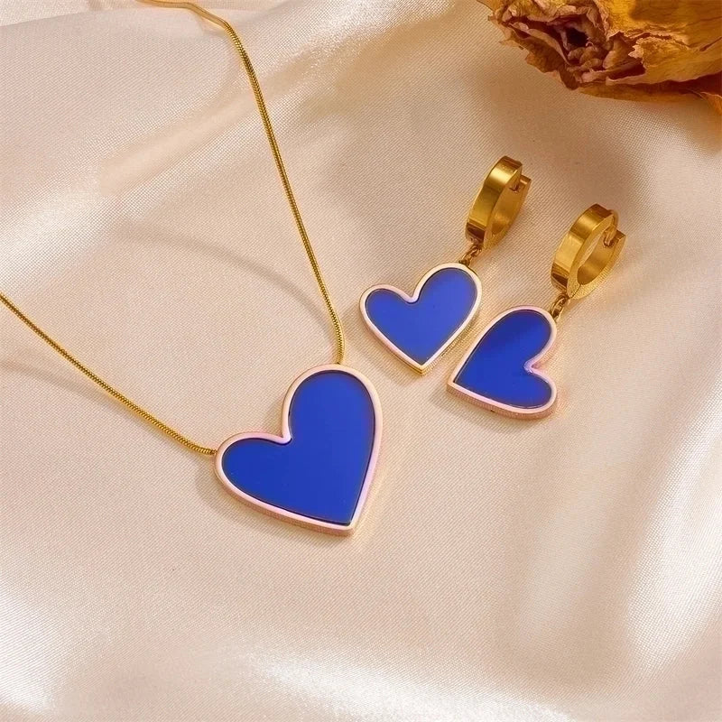 Princess Cute Minimalist Heart Shape Stainless Steel Plating Inlay Shell 18k Gold Plated Earrings Necklace