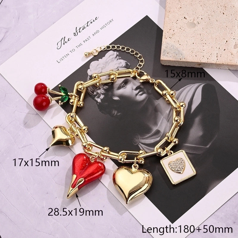 Casual Modern Style Minimalist Cherry Heart Shape Copper Zircon 18K Gold Plated Polishing Enamel Plating Bracelets Necklace Jewelry Set