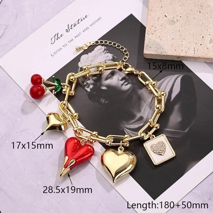 Casual Modern Style Minimalist Cherry Heart Shape Copper Zircon 18K Gold Plated Polishing Enamel Plating Bracelets Necklace Jewelry Set