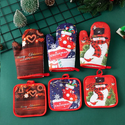 Christmas Minimalist Classic Style Christmas Tree Santa Claus Polyester Heat Resistant Gloves