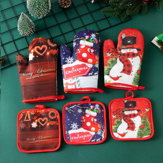 Christmas Minimalist Classic Style Christmas Tree Santa Claus Polyester Heat Resistant Gloves