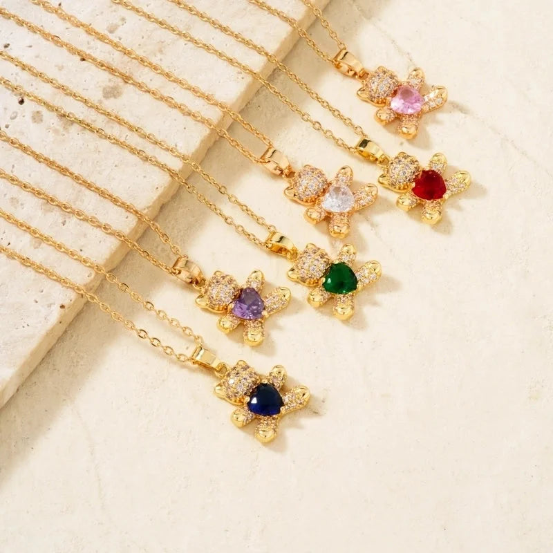 304 Stainless Steel Copper Rhodium Plated Inlay Bear Heart Shape Glass Zircon Pendant Necklace