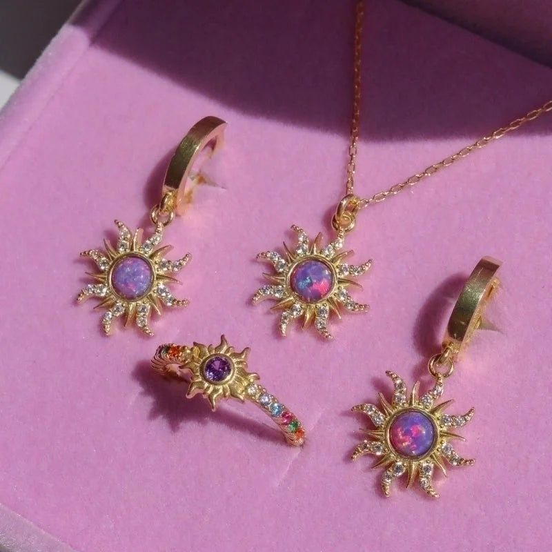 Copper Gold Plated Casual Minimalist Inlay Sun Artificial Opal Zircon Rings Earrings Necklace