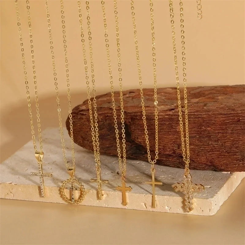 Vintage Style Minimalist Cross Copper 14k Gold Plated Zircon Pendant Necklace In Bulk