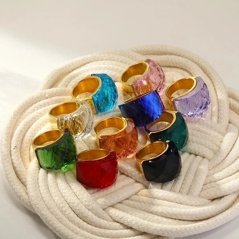 Elegant Lady Round Titanium Steel Plating Inlay Artificial Gemstones 18k Gold Plated Rings