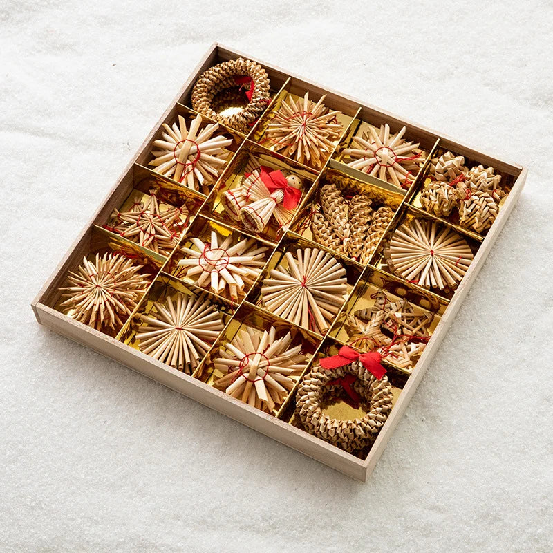 200 Boxes Hot Selling Natural Wheat Straw Handmade Five-pointed Star Snowflake Snowman Christmas Tree Pendant Christmas Decoration