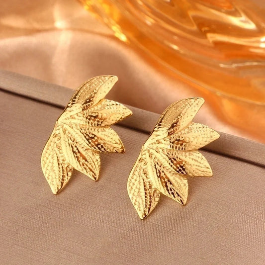 1 Pair Minimalist Sector Leaves Heart Shape Pleated 304 Stainless Steel 18K Gold Plated Ear Studs